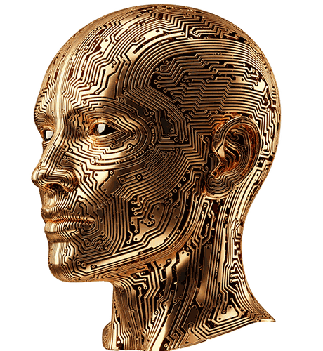 Golden robot head — the EA 0.007297 algorithm
